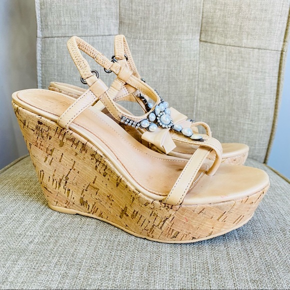 SCHUTZ Shoes - Schutz Tan leather embellished cork wedges sandals